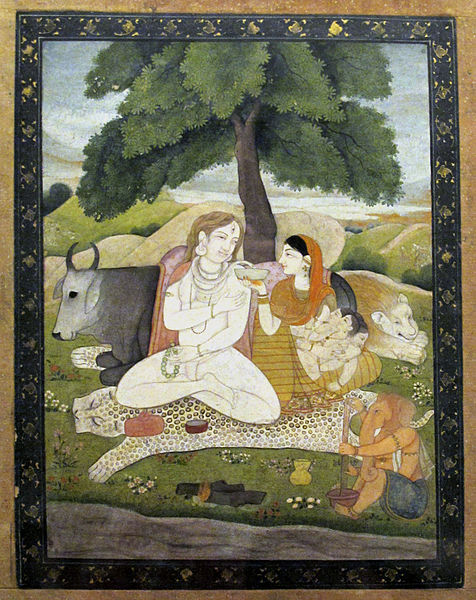 Ganesha (re. unten) mit Seinen Eltern Shiva und Parvati, und seinem Bruder Karttikeya (in Parvatis Arm).